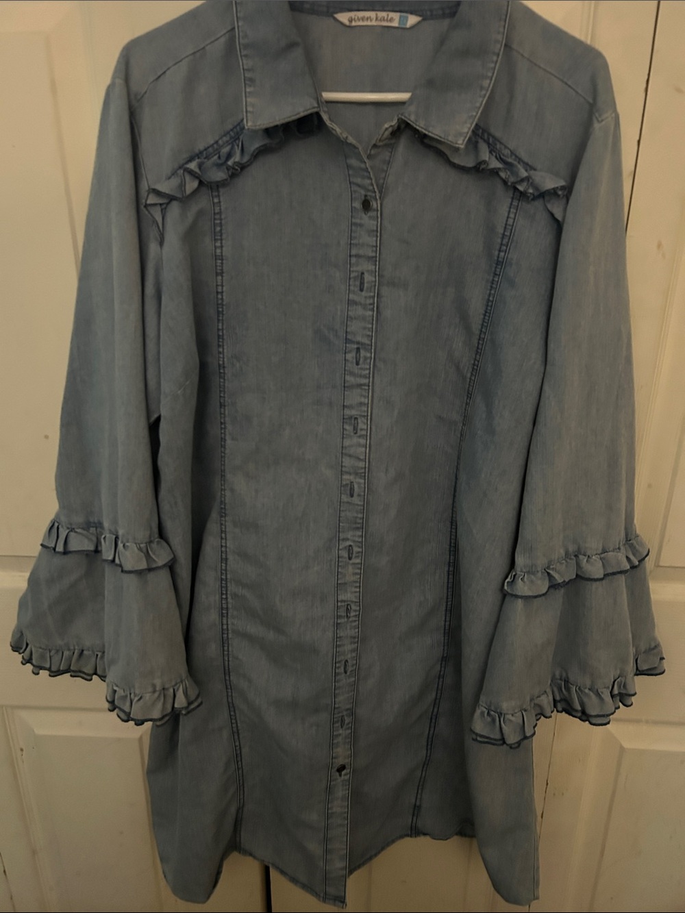 Light Blue Denim Shirt Dress with Ruffle Sleeves